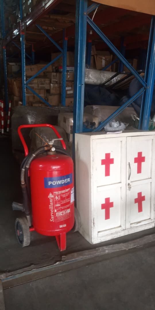 Fire safety and first aid station in the warehouse